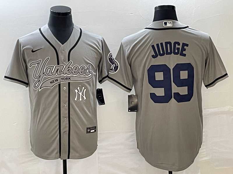 Mens New York Yankees #99 Aaron Judge Gray With Patch Cool Base Stitched Baseball Jersey